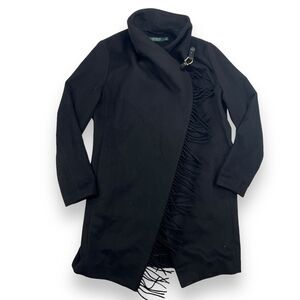 Ralph Lauren Women's Small Wool-Blend Buckle Wrap Coat Fringe Detail Black